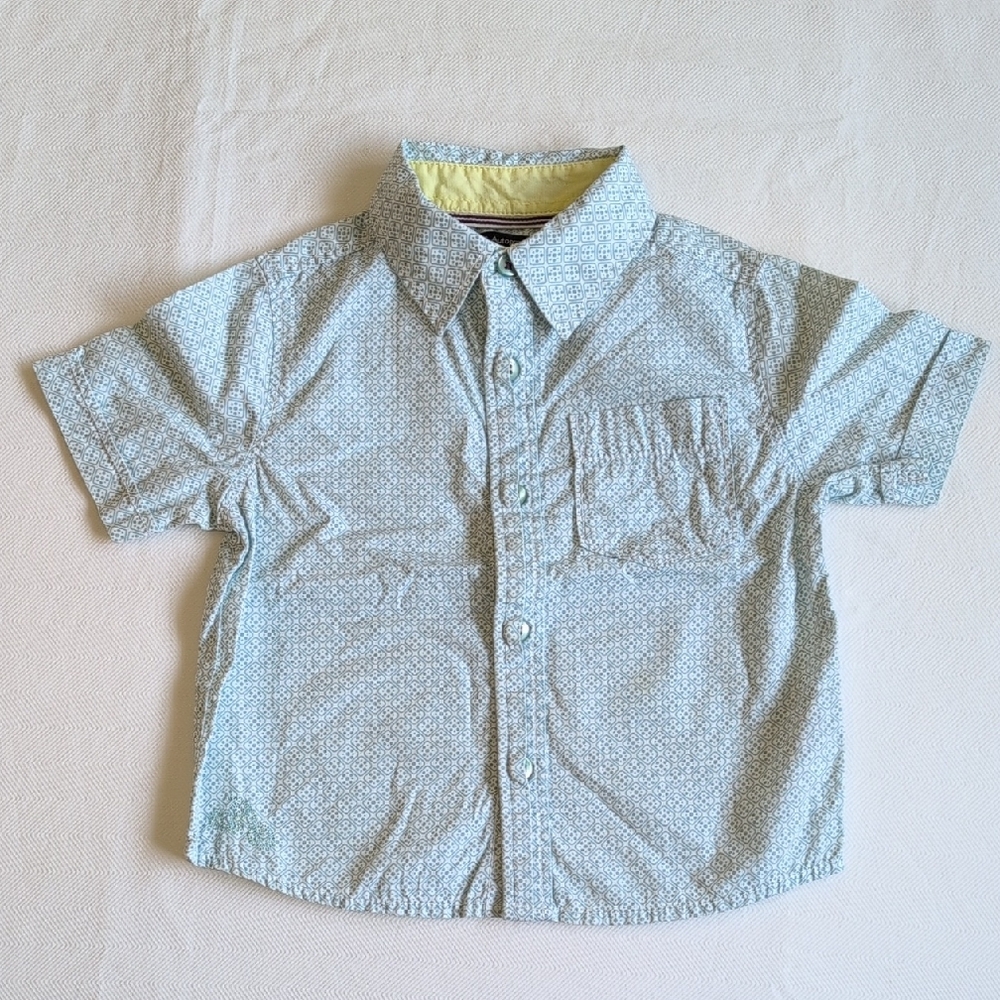 M&S autograph blue patterned cotton button down short sleeve collared shirt 2-3Y